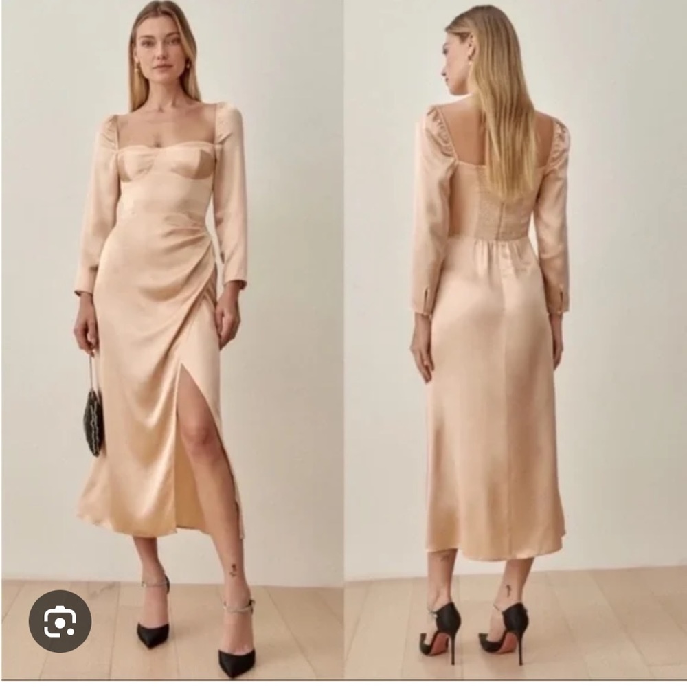 Reformation gold long sleeve dress. Worn one time. Like new